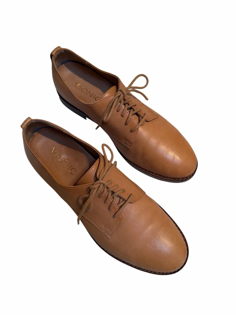 Vionic Leather Oxford Flats Tan Comfort Shoes Size 6 Minimalist 1” Heel